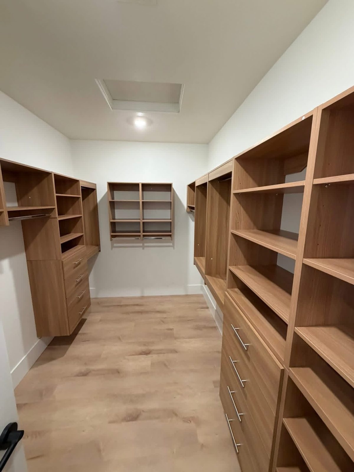 Custom built-in shelving and drawer system.